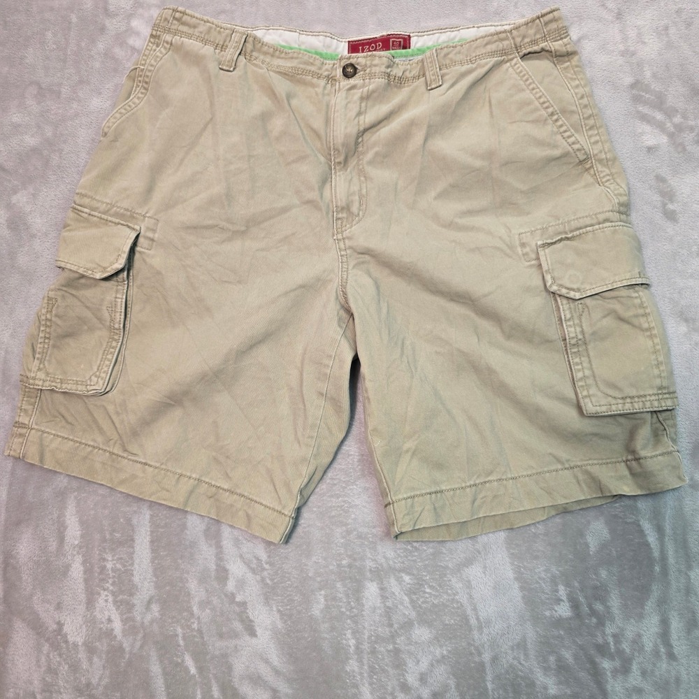 IZOD Luxury Sport Mens Khaki Cargo Shorts Size 40 Tan Cotton Twill Casual